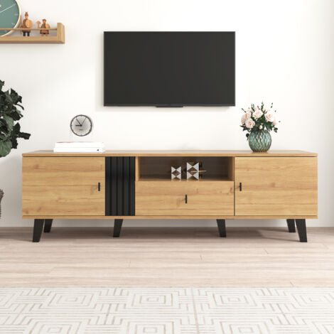 Meuble TV de 170 cm avec design en bois et noir, meuble TV bas avec tiroirs, diverses fonctions de rangement, apparence unique. (1/5)