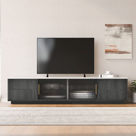 Meuble TV de luxe 160 cm pour téléviseur 70 pouces - Élégant plateau gris marbré, gestion des câbles, tiroirs à ouverture par simple pression (1/5)