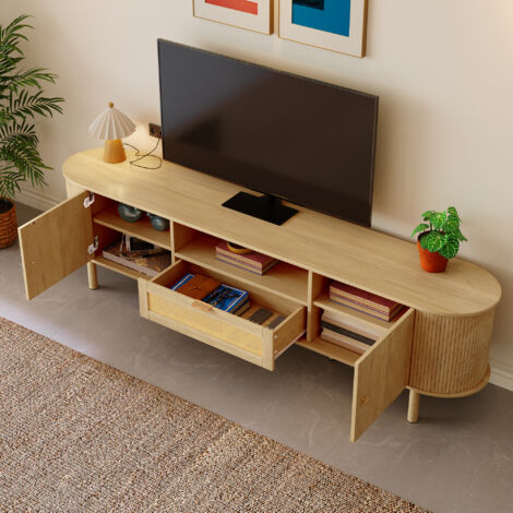 Meuble TV moderne avec tiroirs en rotin à compartiments ouverts, plateau arrondi, pieds en métal aspect bois, meuble de salon multifonctionnel. (1/5)