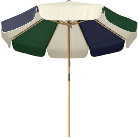 Parasol de terrasse extérieur Ø2,3 m avec cadre à effet bois, poulie à corde, auvent bicolore, protection UPF30+, vert foncé (1/5)