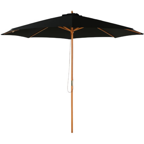 Outsunny Parasol de terrasse extérieure Ø300 cm, parasol de jardin avec système de poulie, toit ventilé et poteau démontable en bois, parasol pour patio terrasse, couleur noir (1/5)