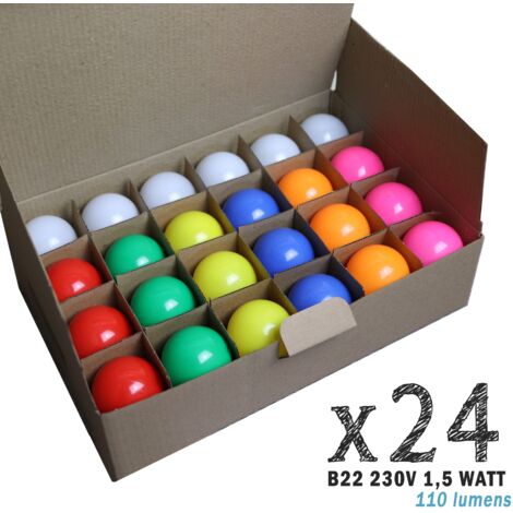 Lot de 24 ampoules LED B22 1,5W – Équivalent 15W – 110 lumens – Non-dimmable – Assortiment de couleurs G45 – Polyéthylène incassable – Limão (1/4)