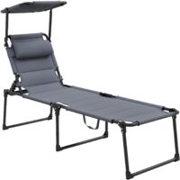 Tumbona de Jardín con Toldo Ajustable Respaldo Regulable en 4 Niveles Reposacabezas para Terraza 70x200x45 cm Gris