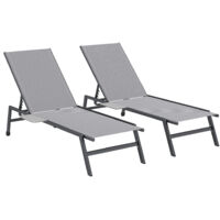 Set 2 Lettini Prendisole Regolabili in 5 Posizioni con Tavolino Laterale e 2 Ruote, in Metallo e Poliestere, Grigio