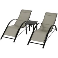 3-tlg. Gartenliegen-Set, 2 Sonnenliegen & 1 Beistelltisch, Metallrahmen, Grau+Schwarz