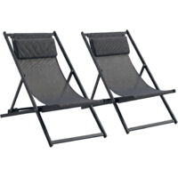 Conjunto de 2 Tumbonas Plegables de Aluminio con Respaldo Regulable en 5 Posiciones y Reposacabezas 60x100x85 cm Gris