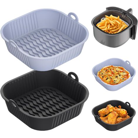 Plat Air Fryer 5-8 L, 2 Pièces Moule Silicone Air Fryer Accessoires, Base Surélevée, Moule Silicone Réutilisable pour Poulet, Frites, Pizzas, Gâteaux, Pain (Gris et Noir)