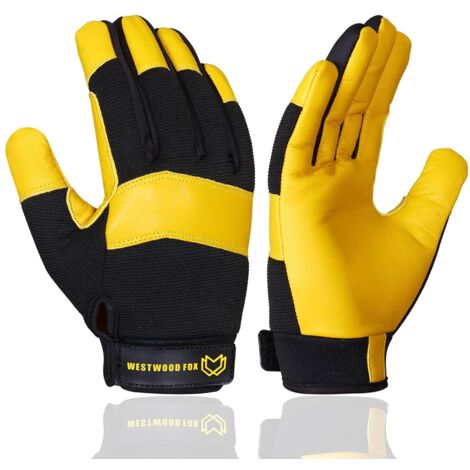 Gants de travail de jardinage résistants aux épines en cuir souple et robuste pour mécanicien, dextérité, gants de construction respirants pour homme et femme (Jaune, M) (1/5)