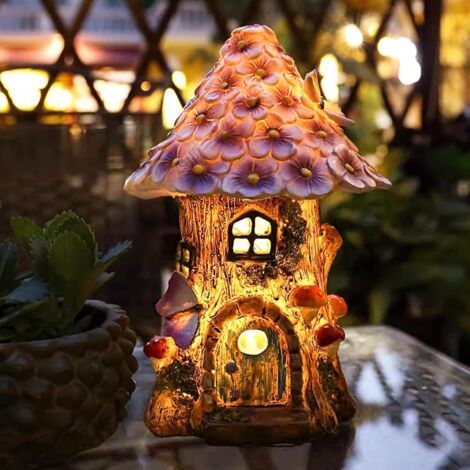 Outdoor garden decoration, outdoor fairy mushroom house, resin mushroom fairy house with solar light, waterproof IP44.6-12 hours, suitable for courtyard lawns.