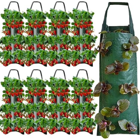 Strawberry Hanging Planter, 8 Holes, Inverted Tomato Planting Bags, 9 Pieces, Hanging Grow Bags with Handle, PE Fabric Planter for Herbs and Vegetables, Green (1/5)