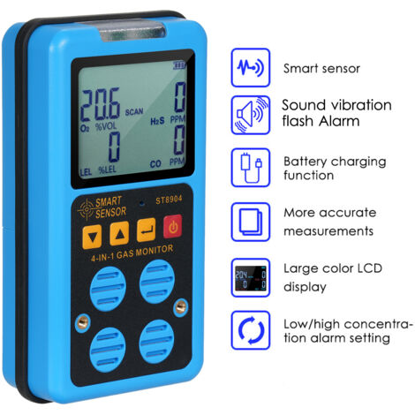 SMART SENSOR Moniteur de gaz 4 en 1 Détecteur portable rechargeable H₂S O₂ CO et LEL Renifleur multi-professionnel avec écran LCD Mode d'alarme Flash de vibration sonore