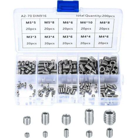 Vis sans tête en acier inox 304 – Assortiment de 200 vis M3 M4 M5 M6 M8 – Résistantes à la corrosion et à la chaleur – Pour installations précises - 200Pcs