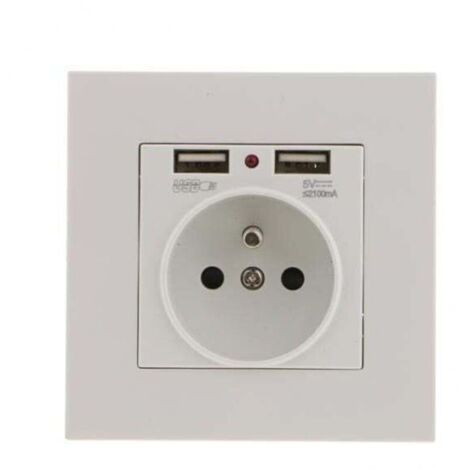 Lot de 2 prises murales avec double USB 5V/2100mA – Plastique PC ignifuge – Capacité de charge 16A – Installation recommandée par un électricien (1/4)