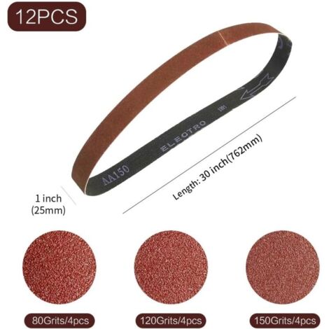 Bande Abrasive 25 x 762 mm Bande de Ponceuse - Ensemble de Bandes Abrasives Mixte (4 X grains 80/120/150) pour Ponceuses à Bande 12 pièces,bande abrasive de ponceuse