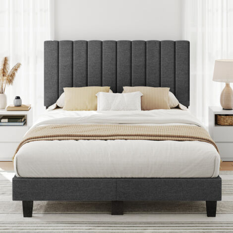 Lit 180x200 cm INRE, avec Tête de Lit en Tissu, Lit Double Capitonné avec Sommier à Lattes, Lit Adulte pour 2 Personnes, Gris