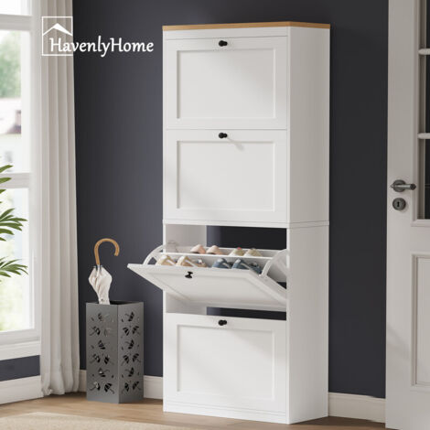 Meuble à Chaussures HavenlyHome, 4 Portes abattantes, Étagères Réglable, 16 à 24 Paires, pour Entrée, Couloir, Chambre, L60xP24xH150 cm, Blanc