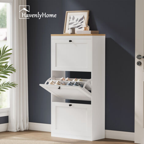 Havenlyhome – Meuble à chaussures 3 portes abattantes – Étagères réglables pour 12 à 18 paires – Dimensions L60xP24xH117 cm – Panneaux de particules blanc