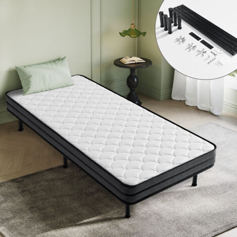 Lit 90x200 cm INRE - Ensemble sommier et matelas - Matelas 90x200 cm - Épaisseur 15 cm - Mousse à Haute Résilience - Sommier 90x200 cm avec Pieds