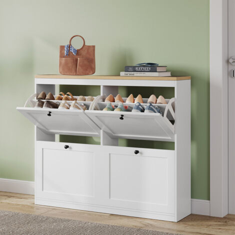 Meuble à Chaussures HavenlyHome, 4 Portes, Séparateur Réglables, Double Compartiment, 16 à 24 Paires, pour Couloir, Entrée, L105xP24xH83 cm, Blanc