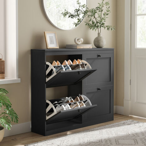 Meuble à Chaussures HavenlyHome, 4 Portes, Séparateur Réglables, Double Compartiment, 16 à 24 Paires, pour Couloir, Entrée, L105xP24xH83 cm, Noir