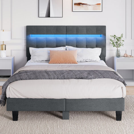 Lit 140x190 cm HavenlyHome, Lit en Lin avec Tête de Lit et LED, Lit Double avec Sommier à Lattes, Lit Adulte pour 2 Personnes, Gris (1/5)