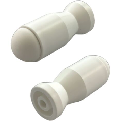 Lot de 2 butoirs muraux en plastique blanc. Diamètre 27mm et longueur 70mm. Bouchon amortisseur en élastomère blanc. MADE IN FRANCE (1/4)