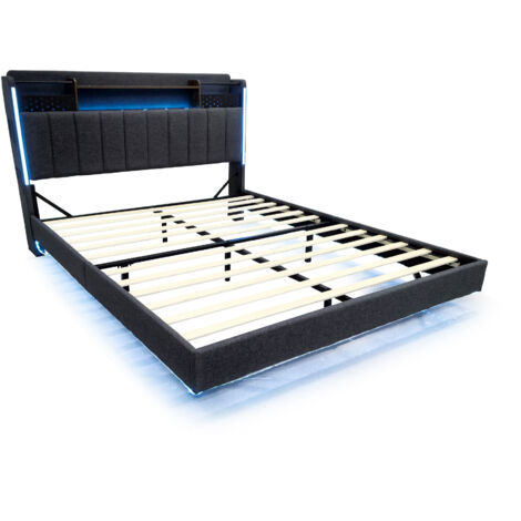 Lit rembourré 140x200 cm tissu lin gris avec LED, tête de lit rangement et prise USB, sommier à lattes inclus (1/5)