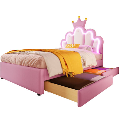 Lit enfant rembourré PU rose 90x200 cm avec LED 16 couleurs, 2 tiroirs et tête de lit réglable, sans matelas (1/5)