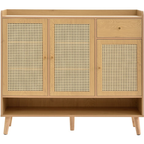 Meuble Chaussures Rotin Naturel, 3 Portes 1 Tiroir 5 Étagères, Pieds Bois B120×h106×t35 Cm (1/5)