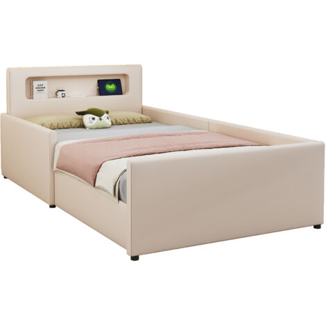 Lit enfant rembourré similicuir beige 90x200 cm avec tiroirs, veilleuse LED et port USB, côtés rehaussés (1/5)
