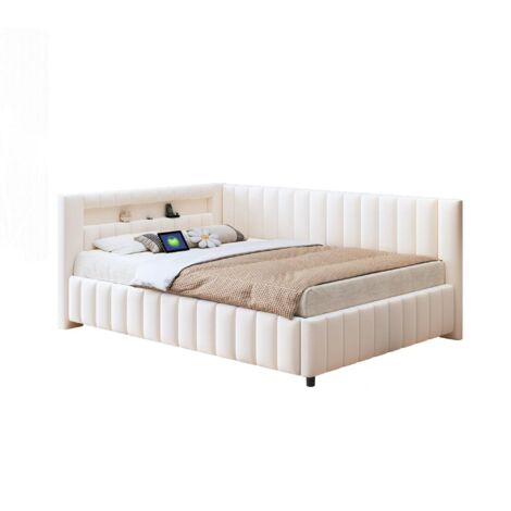 Canapé-lit 140x200 cm en velours beige, design en L, LED multicolore et port USB, sommier à lattes inclus (1/5)