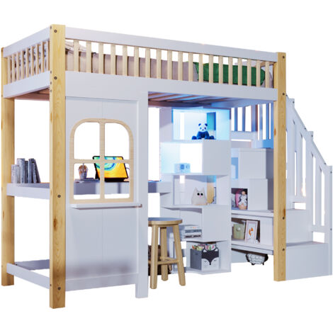 Lit mezzanine en pin et MDF blanc/naturel 90x200 cm avec LED, bureau et rangements (1/5)