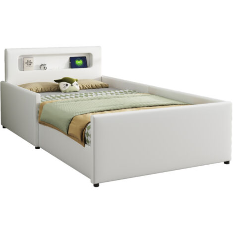 Lit enfant rembourré simili cuir blanc 90x200 cm avec tiroirs, veilleuse LED et port USB, côtés rehaussés (1/5)