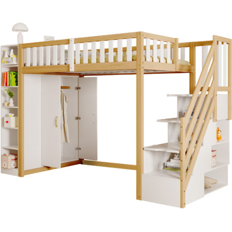 Lit mezzanine bois blanc et bois naturel 90x200 cm avec armoire, rangements et échelle sécurisée, sommier à lattes (1/5)