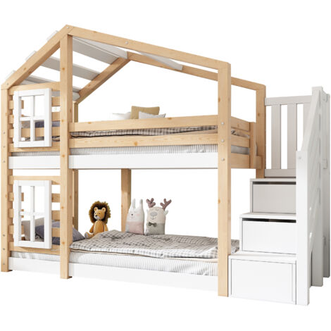 Lit superposé enfant cabane bois massif/MDF naturel et blanc 90x200 cm avec rangements, barrières et 2 sommiers à lattes (1/5)