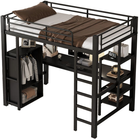 Lit mezzanine métal noir 90x200 cm avec bureau, étagères et penderie, échelle 5 marches (1/5)
