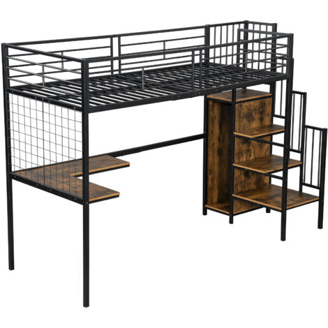 Lit mezzanine métal/MDF noir et noyer foncé 90x200 cm avec bureau et armoire, échelle latérale (1/5)