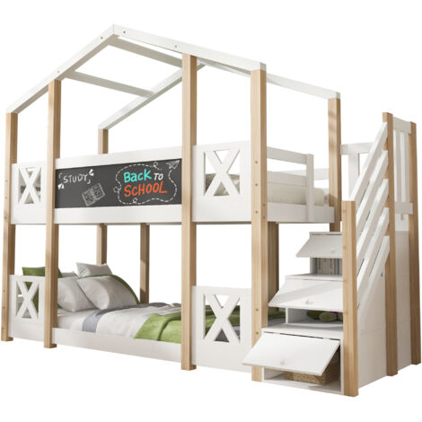 Lit superposé enfant cabane en bois blanc & naturel 90x200 cm avec escalier rangement, tableau et 2 sommiers à lattes (1/5)