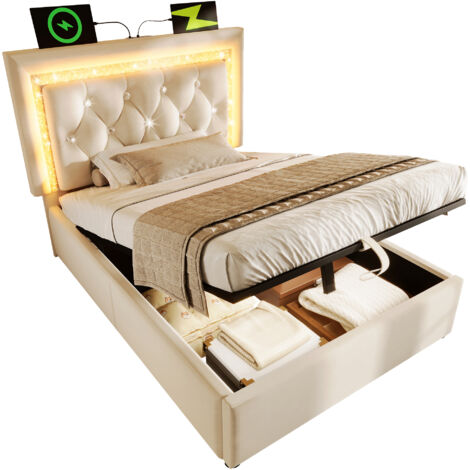 Lit coffre 90x200 cm en velours beige avec LED, ports USB & Type-C, sommier à lattes inclus (1/5)