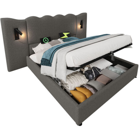 Lit coffre 160x200 cm en lin gris avec sommier à lattes, tête de lit ondulée, liseuse rotative et ports USB/Type-C (1/5)