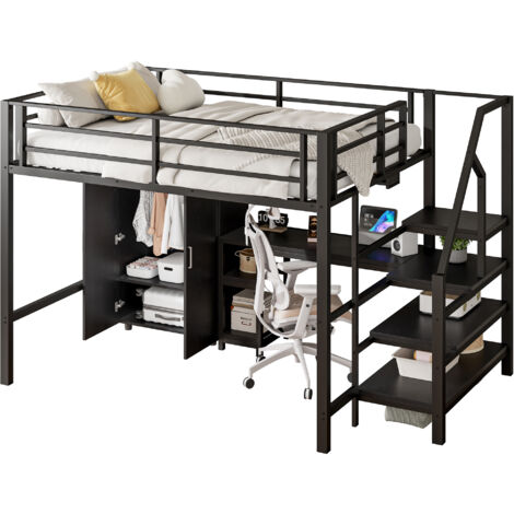 Lit mezzanine métal et MDF noir 140x200 cm avec bureau, armoire, étagères et échelle de rangement, sans matelas (1/5)