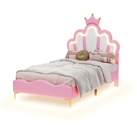 Lit 90x200 cm en PU rose avec LED, tête de lit nuage et couronne, sommier à lattes inclus (1/5)