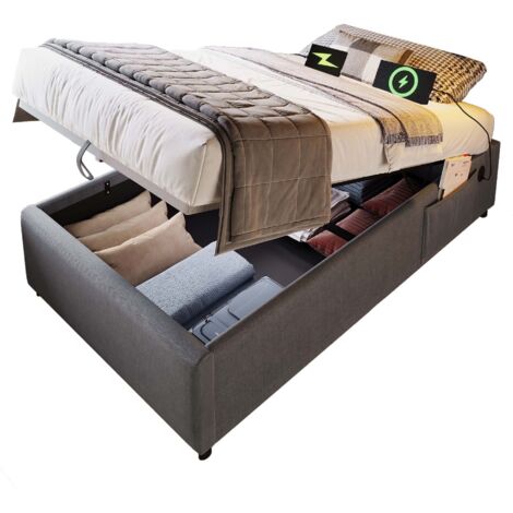 Lit coffre 90x200 cm en coton-lin gris, sommier plein en bois massif, avec ports USB/Type-C, sans tête de lit (1/5)