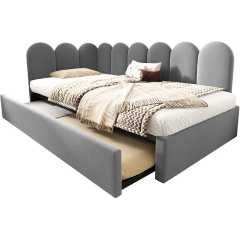 Lit avec rangement gigogne 90x200 cm en velours gris, sommier à lattes inclus (tiroir 90x190) (1/5)
