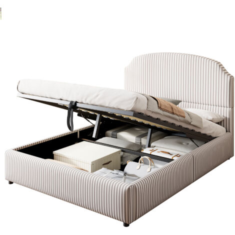 Lit coffre 140x200 cm en tissu rembourré rayé blanc et anthracite, sommier à lattes inclus, ouverture hydraulique (1/5)