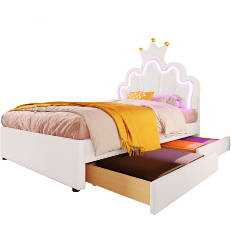 Lit enfant rembourré PU blanc 90x200 cm avec LED 16 couleurs, 2 tiroirs et tête de lit réglable (1/5)