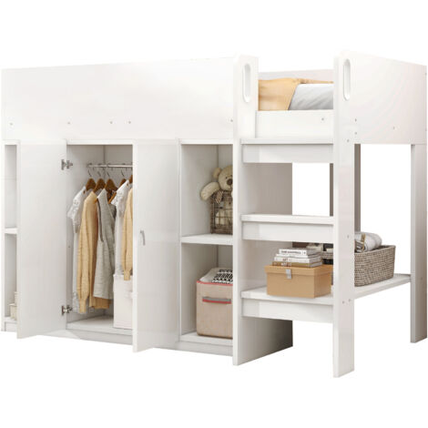Lit mezzanine 90x200 cm en bois, blanc/gris, avec échelle, armoire et étagères, sommier à lattes inclus (1/5)