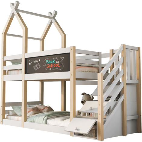 Lit mezzanine enfant 90x200 cm bois massif pin + MDF blanc, avec tableau, escalier de rangement et 2 sommiers (1/5)