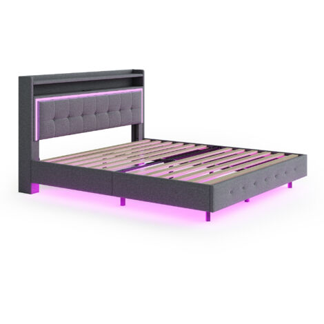 Lit rembourré 160x200 cm en tissu lin gris avec LED et prise USB, sommier à lattes inclus (1/5)