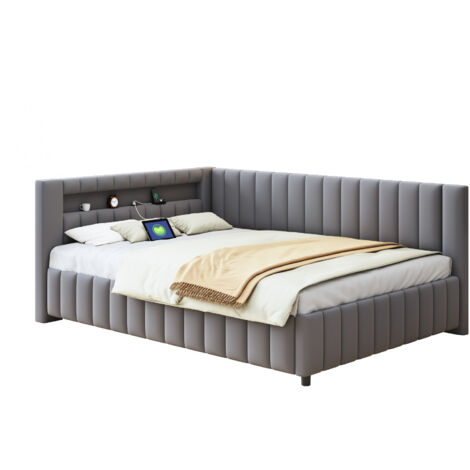 Canapé-lit tissu velours gris 140x200 cm en L, avec LED et port USB, sommier à lattes inclus (1/5)